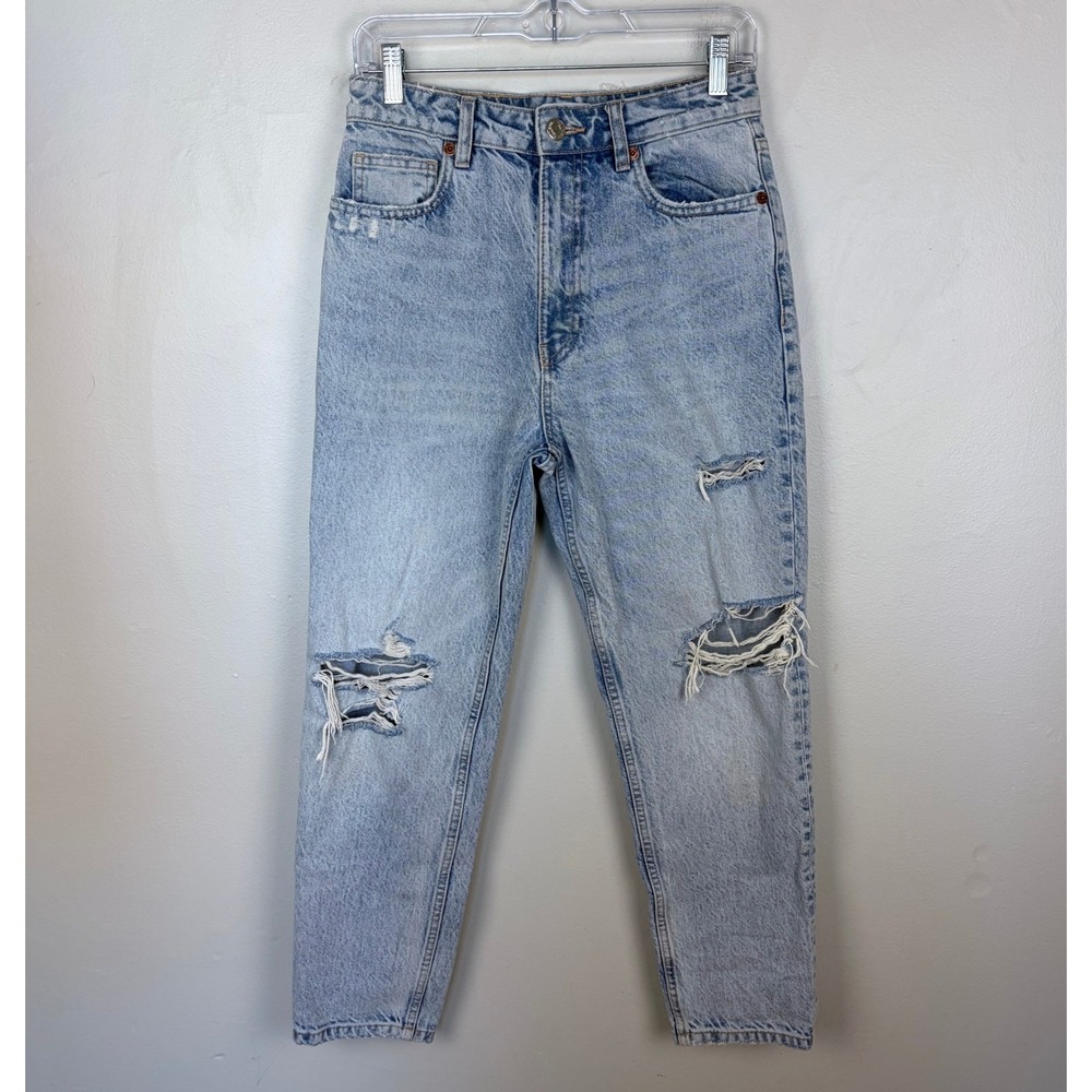 Zara High Rise Light‎ Wash Distressed Mom Jean Straight Tapered Size 6
